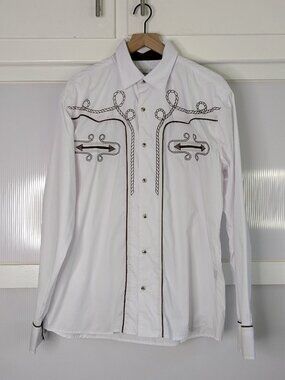 Ace of Diamond White Ranch Pearl Snap Button Down Brown Embroidered Detail Rope